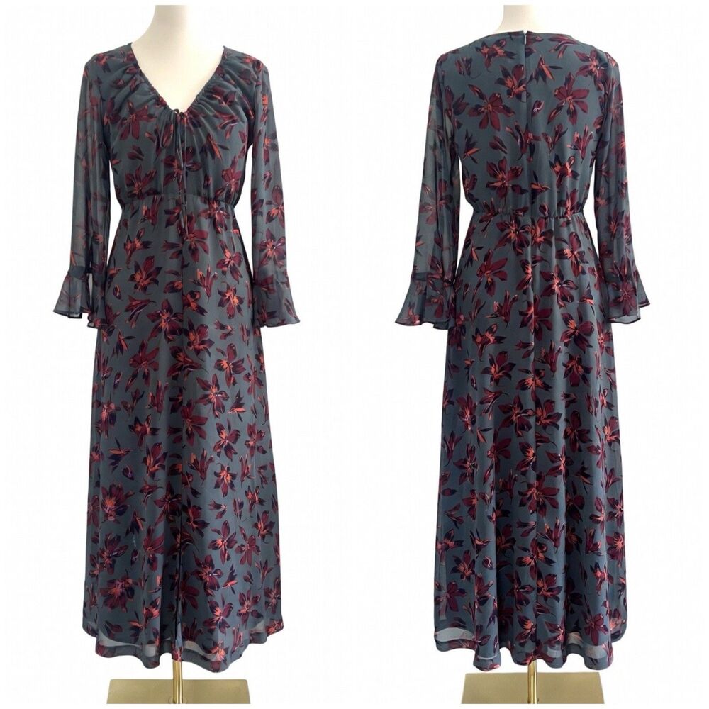 NEW Madewell Willowleaf Winter Orchid Gray Floral Tie Detail Maxi Dress Womens S